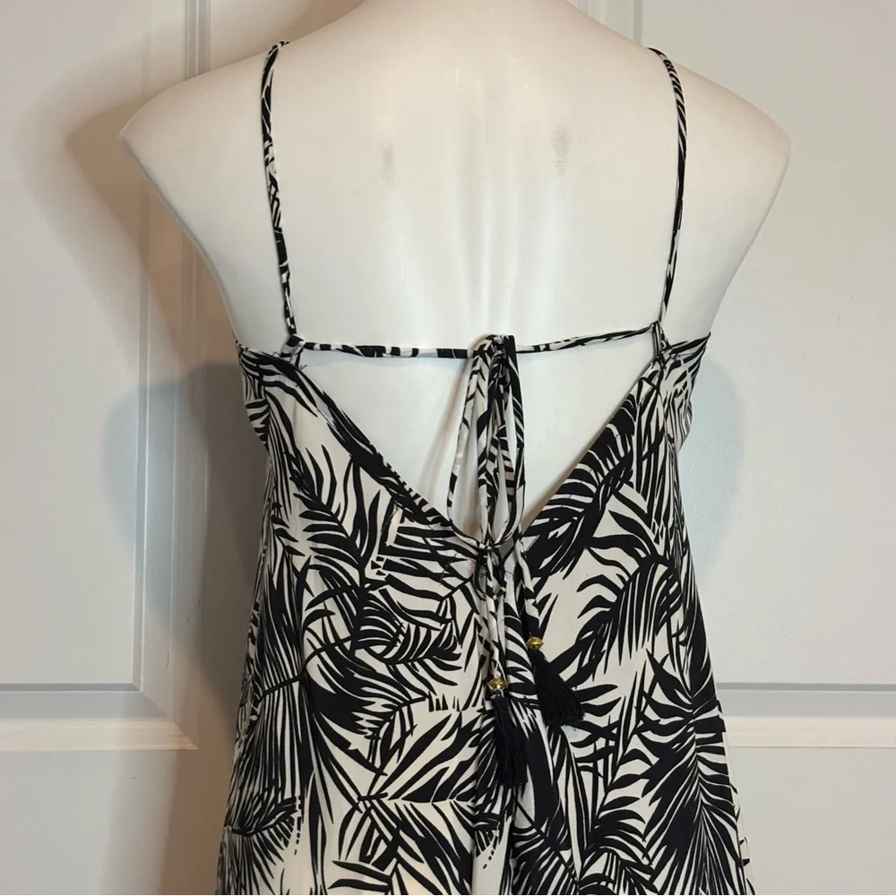 NWT Elan Black White Palm Print Tassel Midi Halter Dress S
